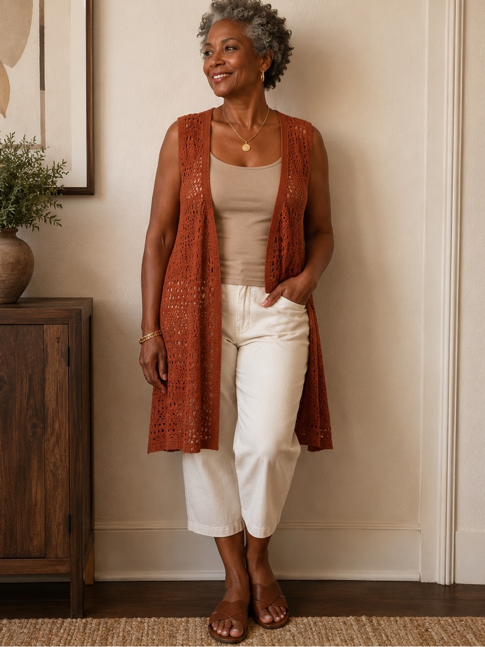 Sleeveless Open Crochet Long Vest - Rust